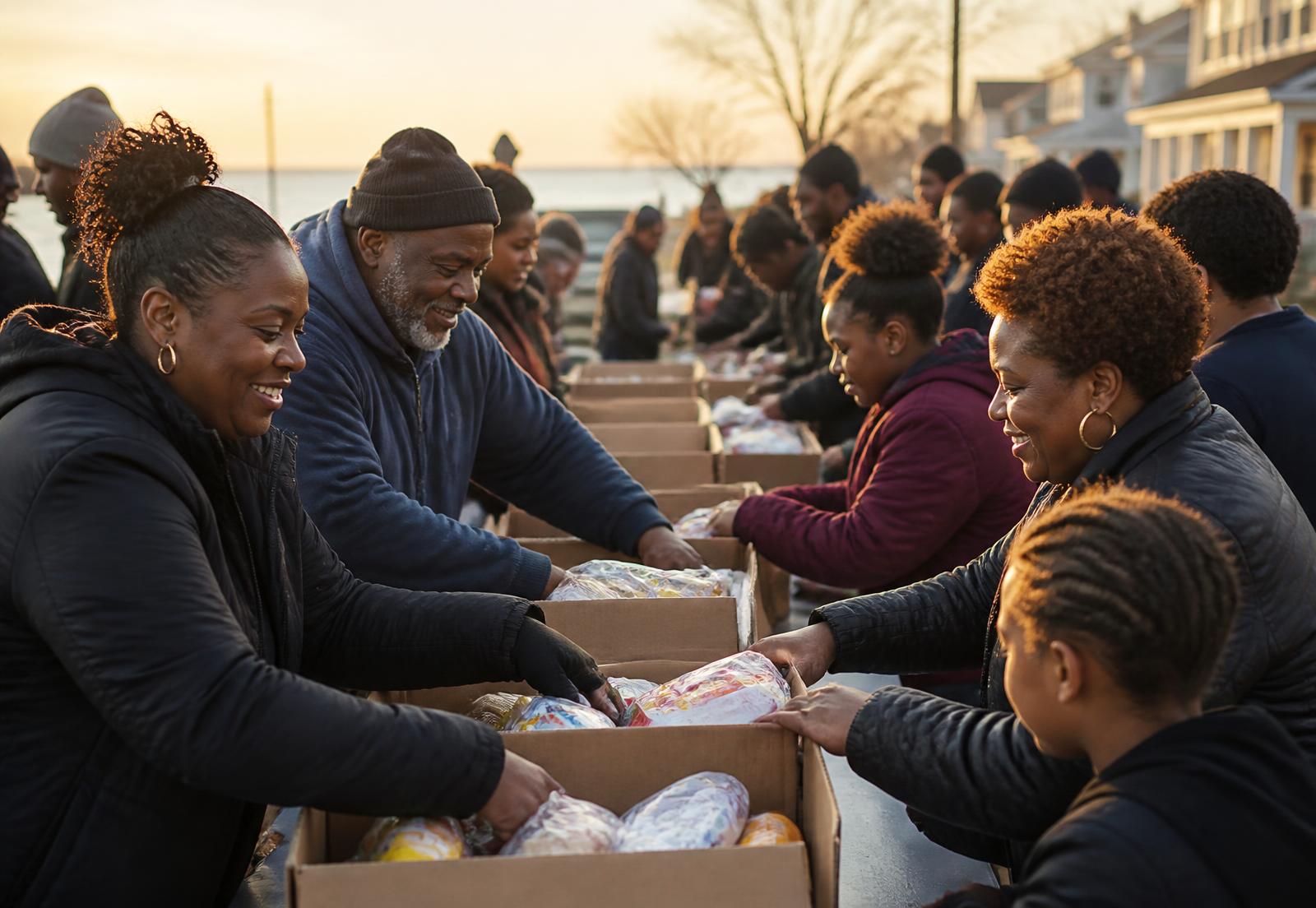 Black neighbors of all ages packing supply boxes together at a waterfront community distribution
